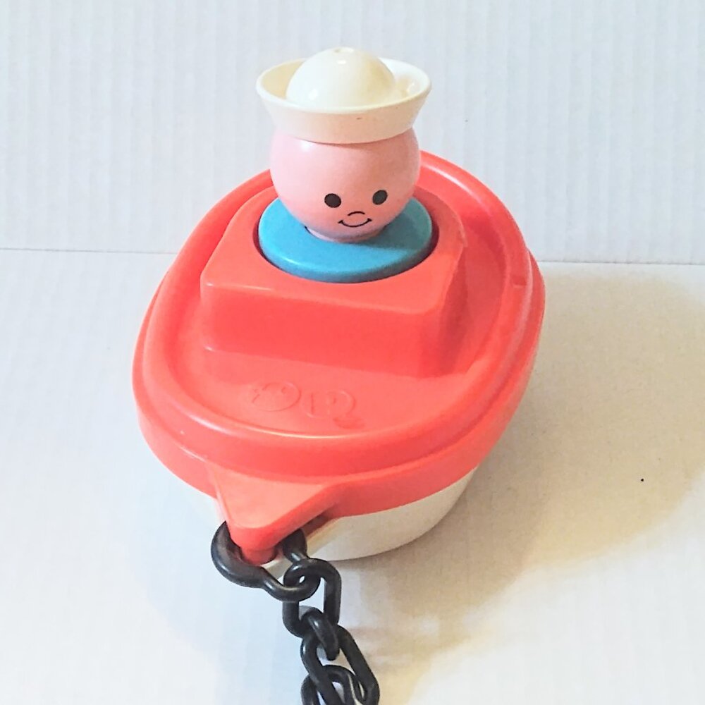 Vintage Fisher Price 1978 Tug Boat Bath Time Toy 1974 Sailor Blue Body